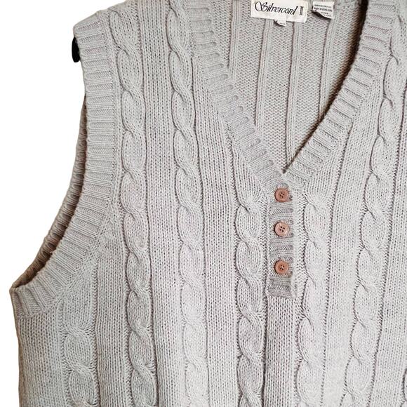 Vintage Size 22W Pale Gray Cable Knit Sweater Vest Pullover V Neck Buttons - Picture 5 of 6